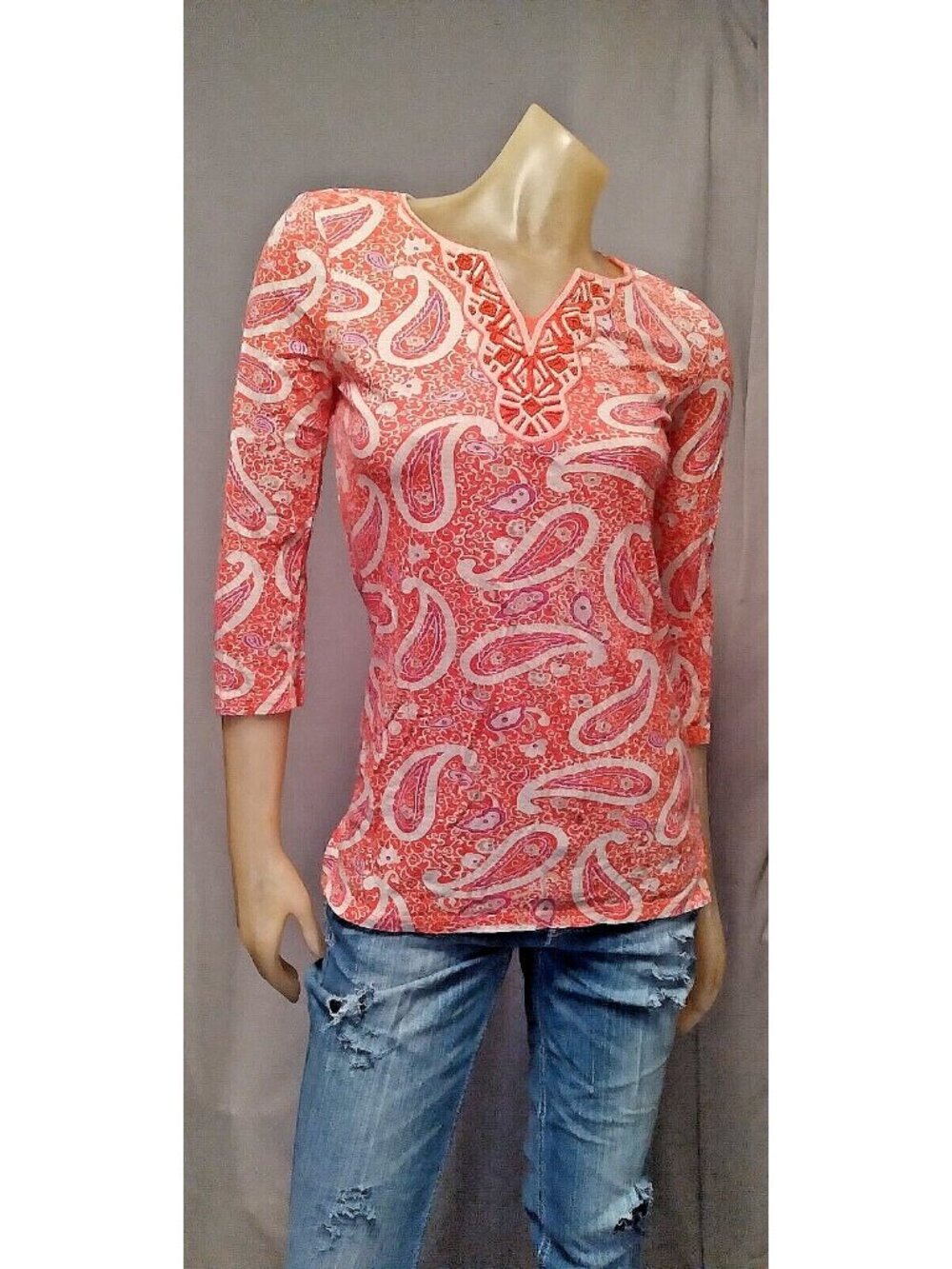 Charter Club Orange Tunic V Neck 3/4 Slv Shirt Top Blouse Womens XS XSMALL USED